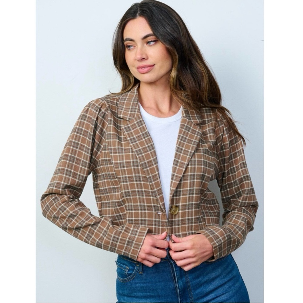 Women Casual Lapel Plaid Pattern Brown Long Sleeve Crop Short Blazer - Picture 3 of 10